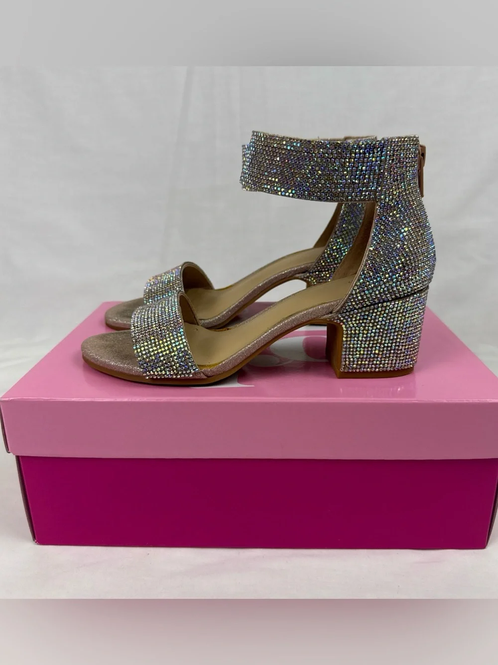 GB Girls' Roniiee Rhinestone Ankle Strap Dress Sandals Sparkling Block Heels